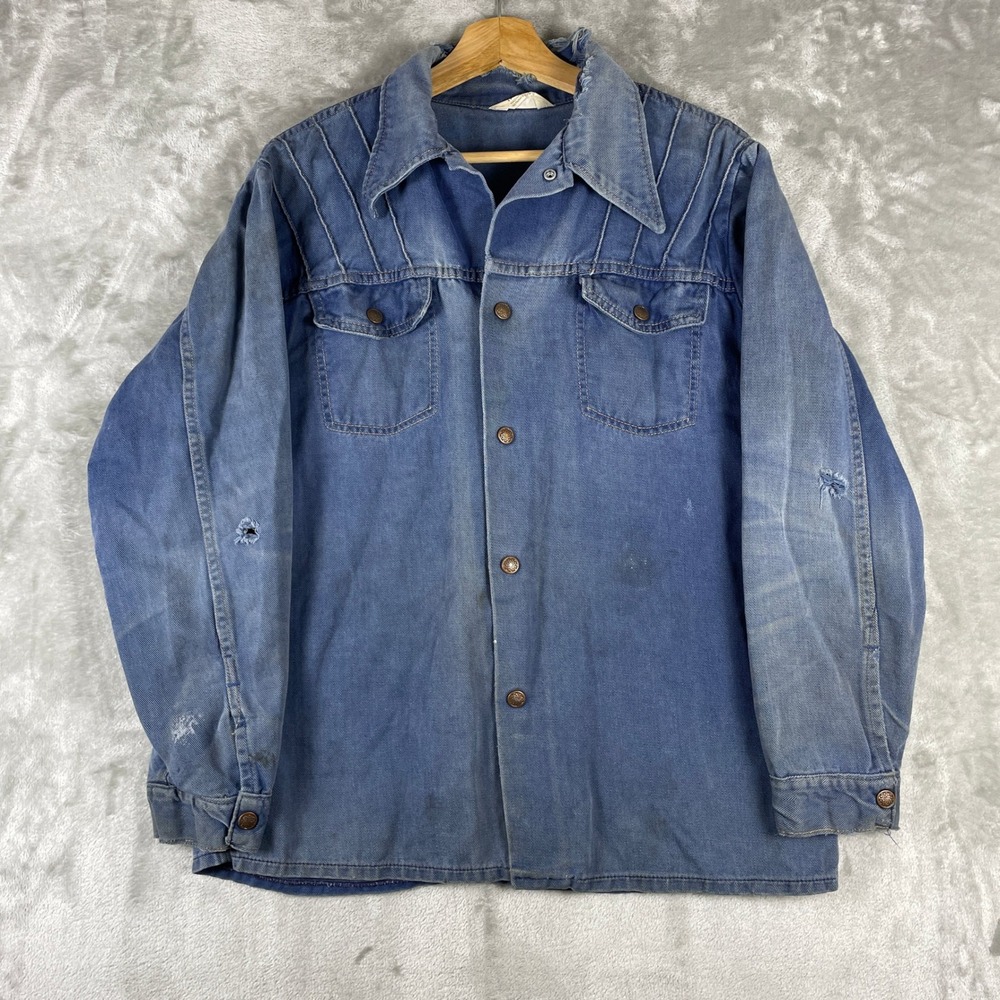 Vintage Montgomery Ward Denim Shirt Jacket Mens Large Blue Distressed Whisker